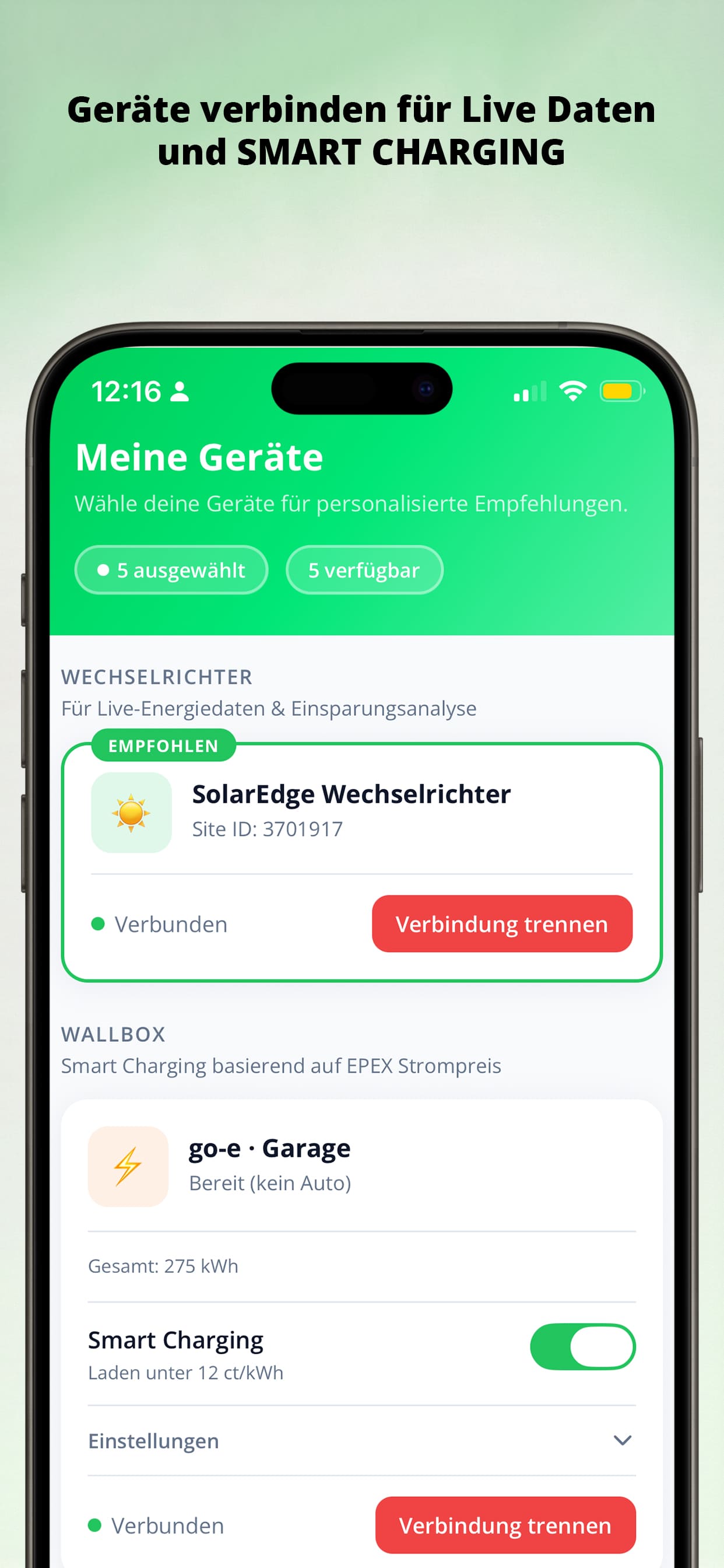 G'SCHEID App — Geräte verbinden und Smart Charging