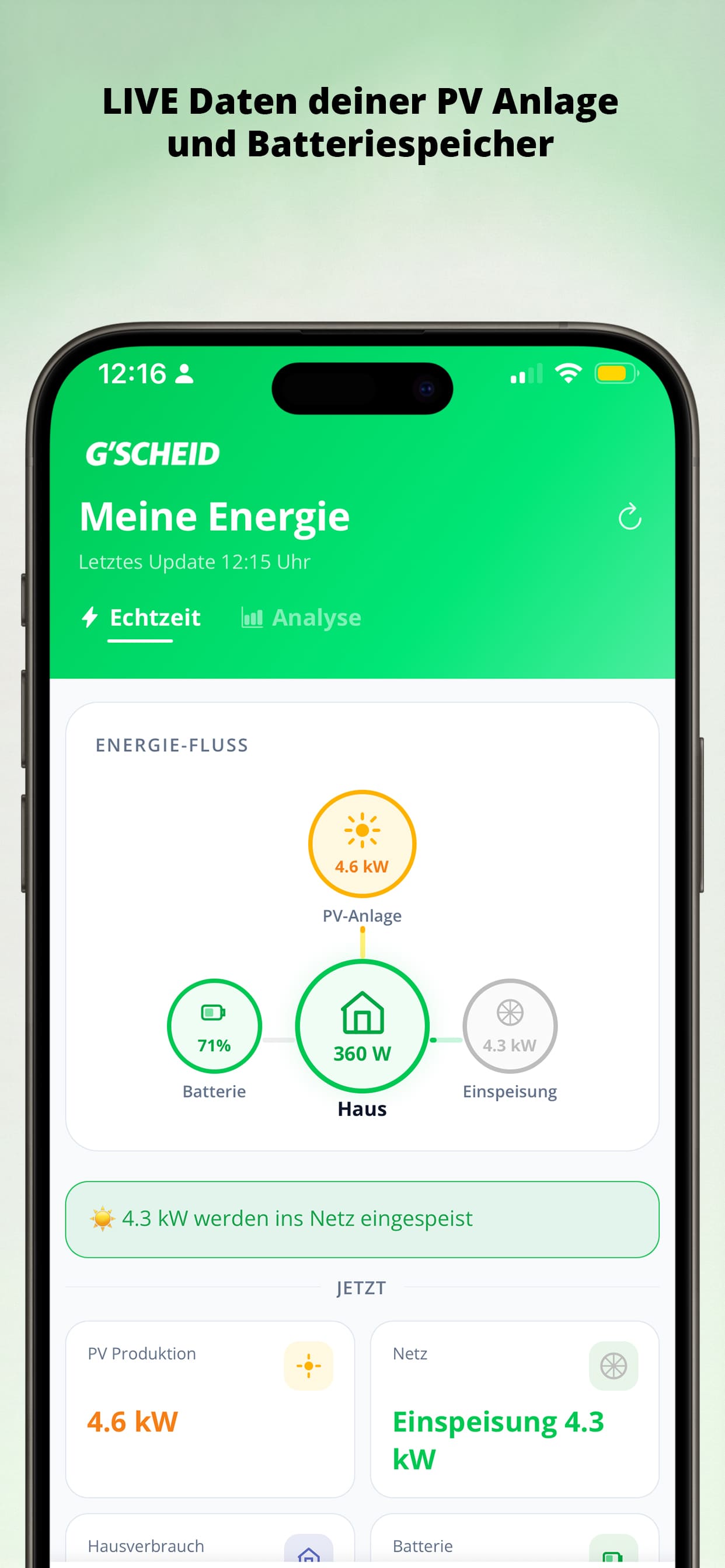 G'SCHEID App — Live Energie-Fluss der PV-Anlage